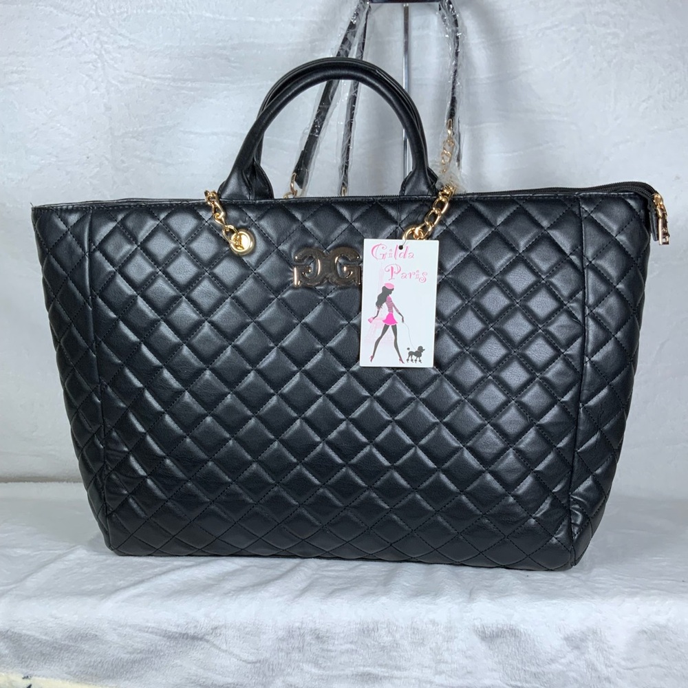 Quilda Paris Quilted Black Tote Bag with Gold Chain Detail